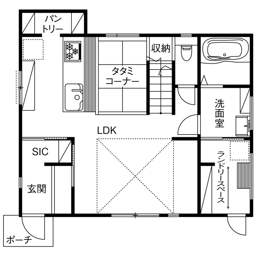 ユニバーサルホーム 【1760万円／ランドリースペース／吹抜／間取図有】“快適アイテム”を詰め込んだ家族がつながる家の間取り図（2LDK＋洗濯室）1階