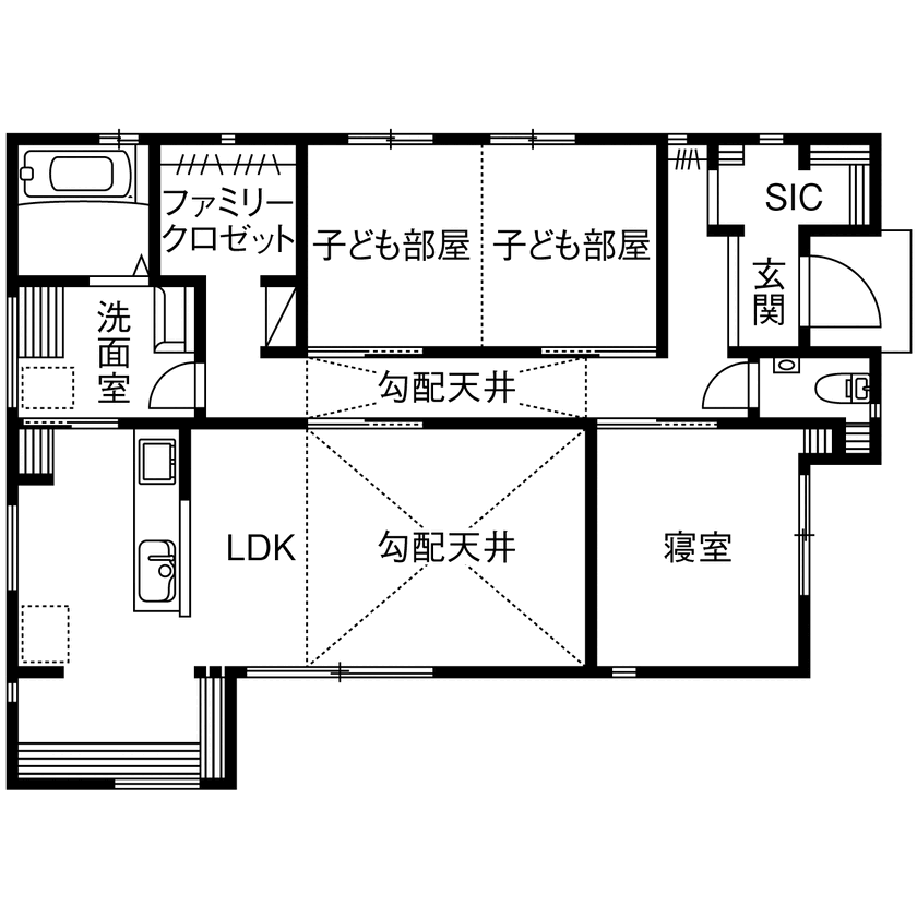 ユニバーサルホーム 【平屋／子育て夫婦が考えた楽しい空間】ナチュラルで明るい勾配天井のリビングでホームシアターを楽しむ家の間取り図（2LDK+FCL）1階