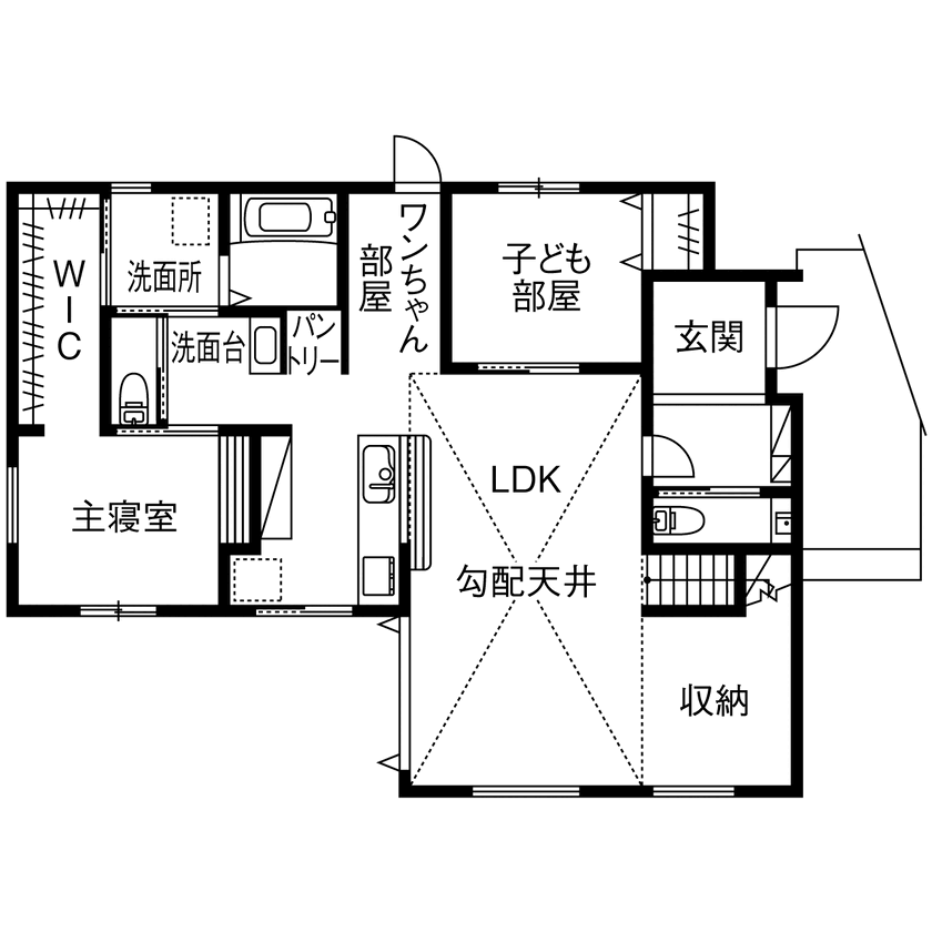 ユニバーサルホーム 【平屋／ペット／スキップフロア／間取図】愛犬との理想的な暮らし。タイルデッキ＆ドッグランのある家の間取り図（2LDK+ロフト）１階