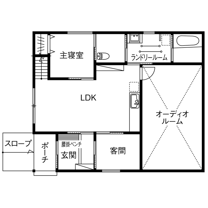 ユニバーサルホーム 【平屋／家事動線／趣味／間取図】天体観測やオーディオなど趣味をとことん楽しむ、終の棲家としての平屋の間取り図（2LDK+趣味室）１階