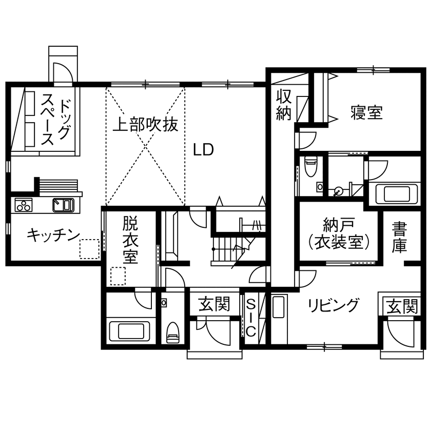 ユニバーサルホーム 【大きな吹き抜け／ドッグスペース＆ドッグラン／約30畳のLDK】２匹のボーダー・コリーと楽しく暮らす家の間取り図（3LDK＋リビング＋納戸）1階