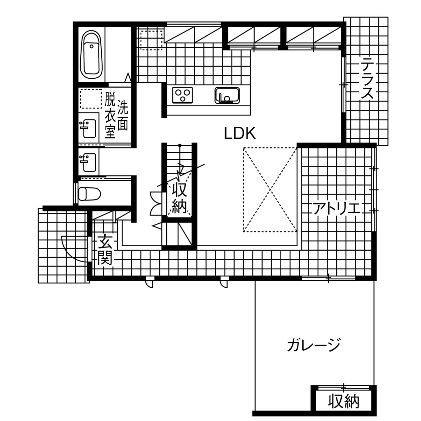 ユニバーサルホーム 【3141万円／吹抜／間取図】「庭で焚き火！」「外にいるみたいなお家！」キャンパーのための住まいの間取り図（3LDK+アトリエ+WIC）1階