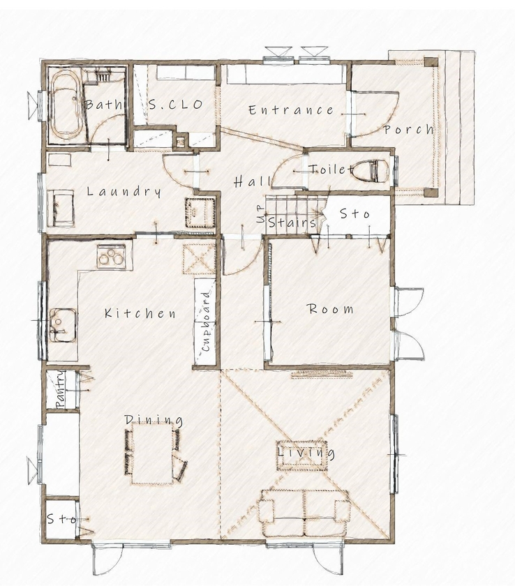 コスモ建設 【2400万円台/石狩市/4LDK間取図あり】お料理好きの夢をかなえるL型キッチンの家の間取り図（4LDK）1階