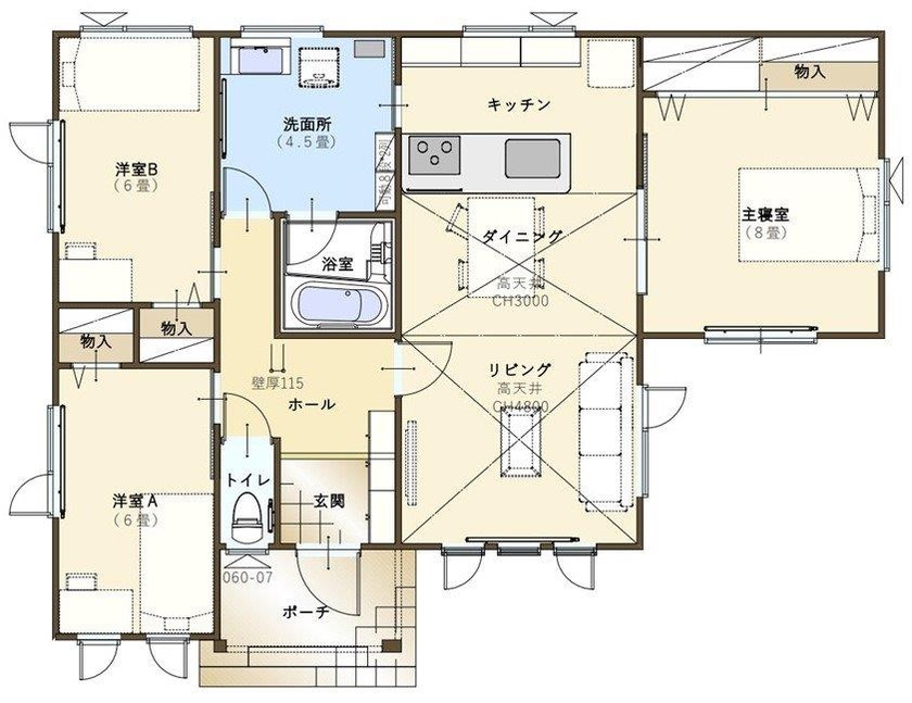コスモ建設 家族団らんを楽しむ平屋暮らしの間取り図（3LDK）1階