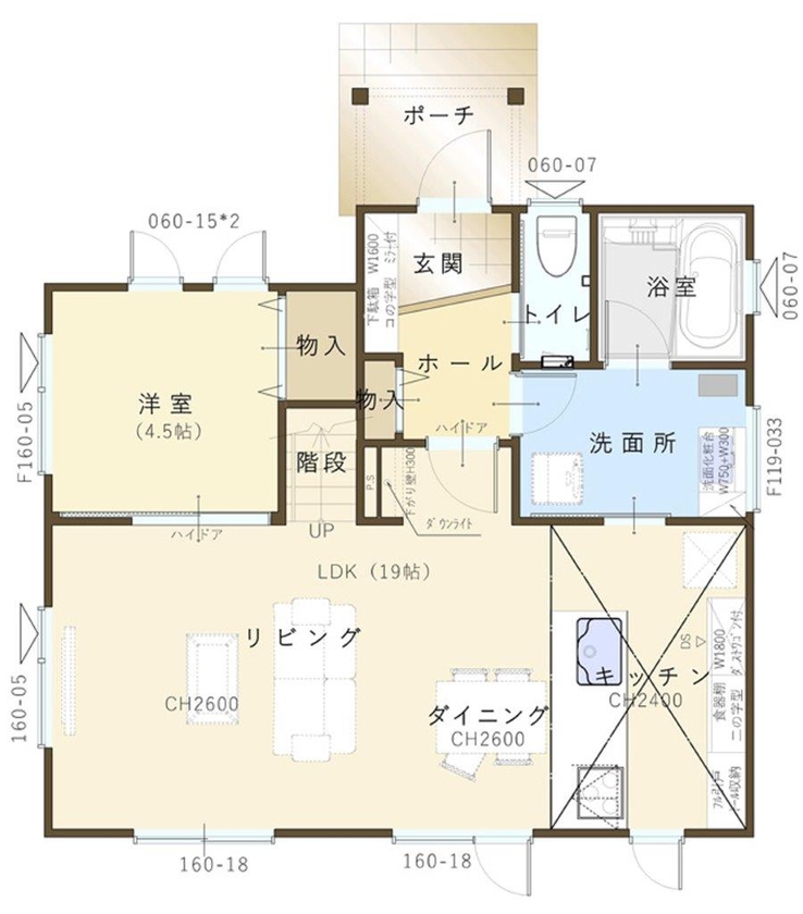 コスモ建設 天井高2.6m！贅沢なハイスタッド仕様の家の間取り図（4LDK）1階