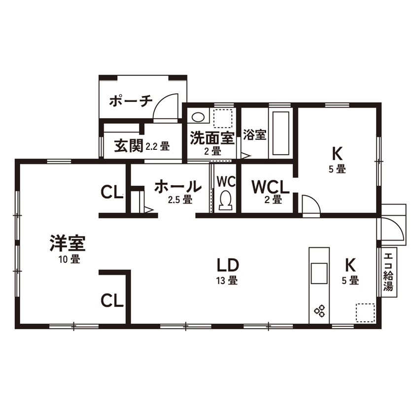 オクトハウジング 【1600万円/2LDK/間取り図あり】真っ黒なサイディング×造作モルタルの岩盤で、男前スタイルの平屋の間取り図（2LDK）1階