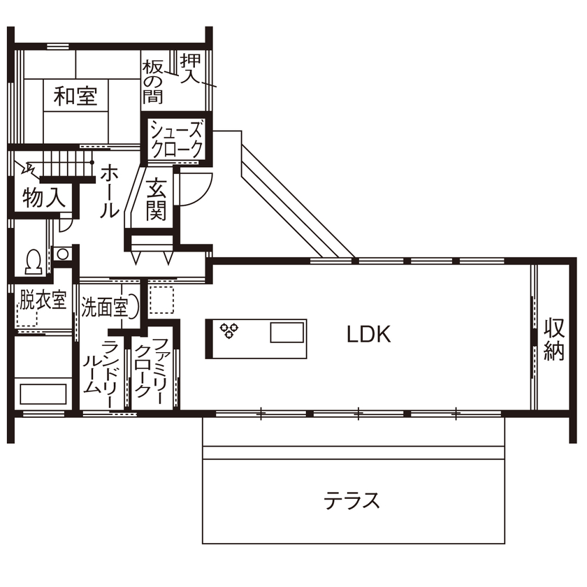 永和住宅 【3000万円台×テラス】連続した大開口窓から田園風景を取り込む、温泉旅館のような住まいの間取り図（4LDK）1階