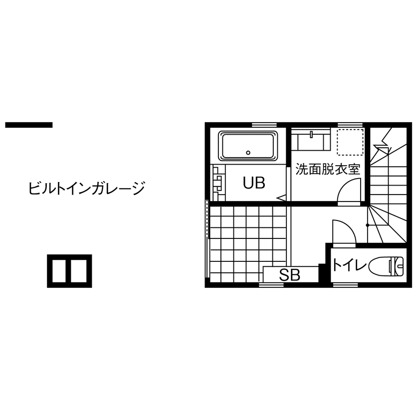 AZ-Ishihara 【1000万円台／狭小+ビルトインガレージ／間取り図有】2階リビング・南面バルコニー、3LDKの狭小住宅の間取り図（3LDK）1階