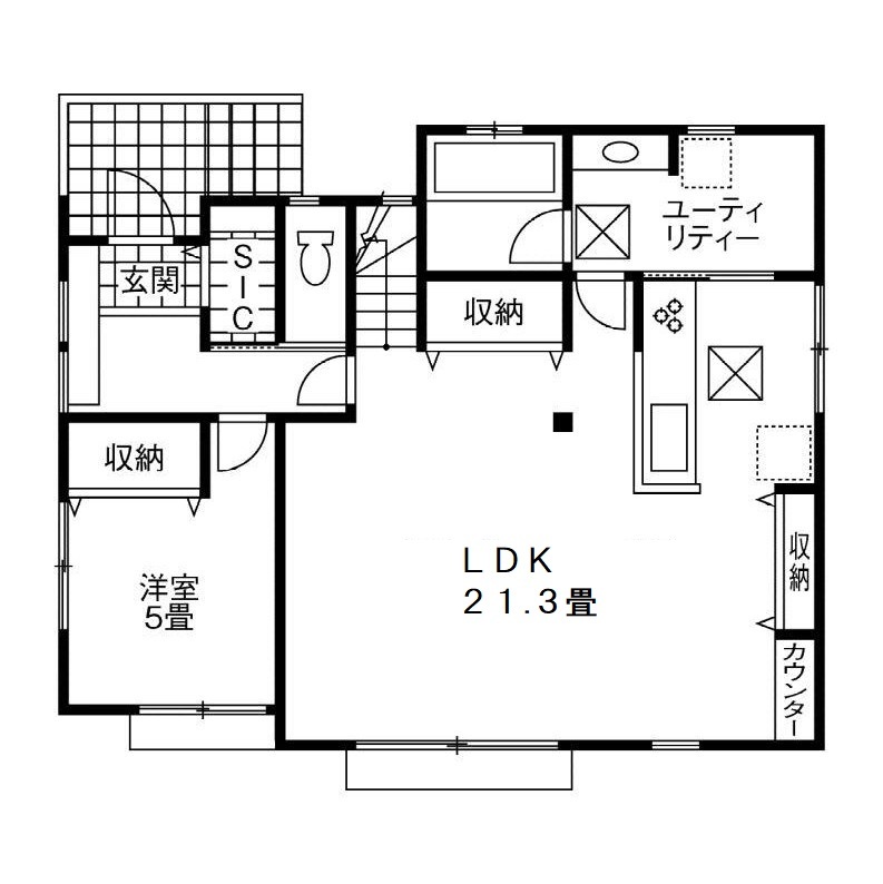 兼六土地建物 【2000万円台/30坪台/間取り】収納たっぷりでシンプル　リビングで団欒を楽しめるホテルライクな二世帯住宅の間取り図（4LDK+S）１階
