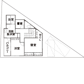 ワンダーホーム 【30坪｜間取り図】狭小＆変形地のマイナスを、アイデア間取りでメリットに！三角地に建つ自然素材の家の間取り図（3LDK+書斎）２階