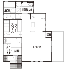 ワンダーホーム 「家事をしながら子どもとコミュニケーションがとれる」キッチンと勉強スペースが向き合うカフェ風の住まいの間取り図（3LDK）1階