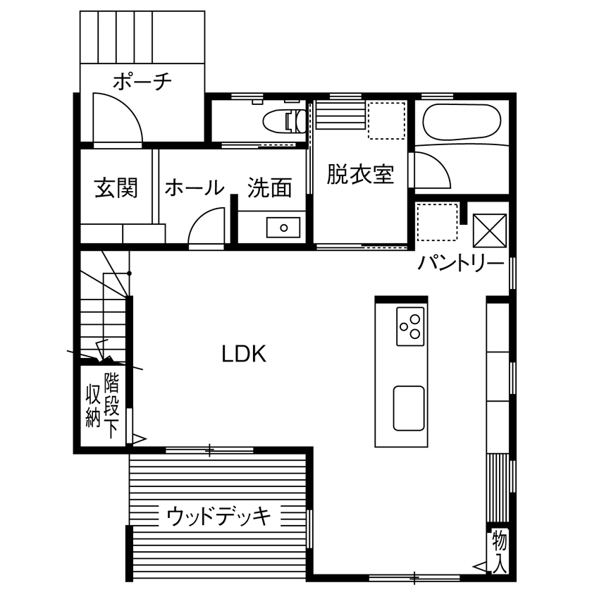 ワンダーホーム 【2000万円台｜間取り図｜30坪台】アメリカン×フレンチスタイル。三角屋根とグリーンの窓枠がおしゃれな家の間取り図（3LDK＋WIC）1階