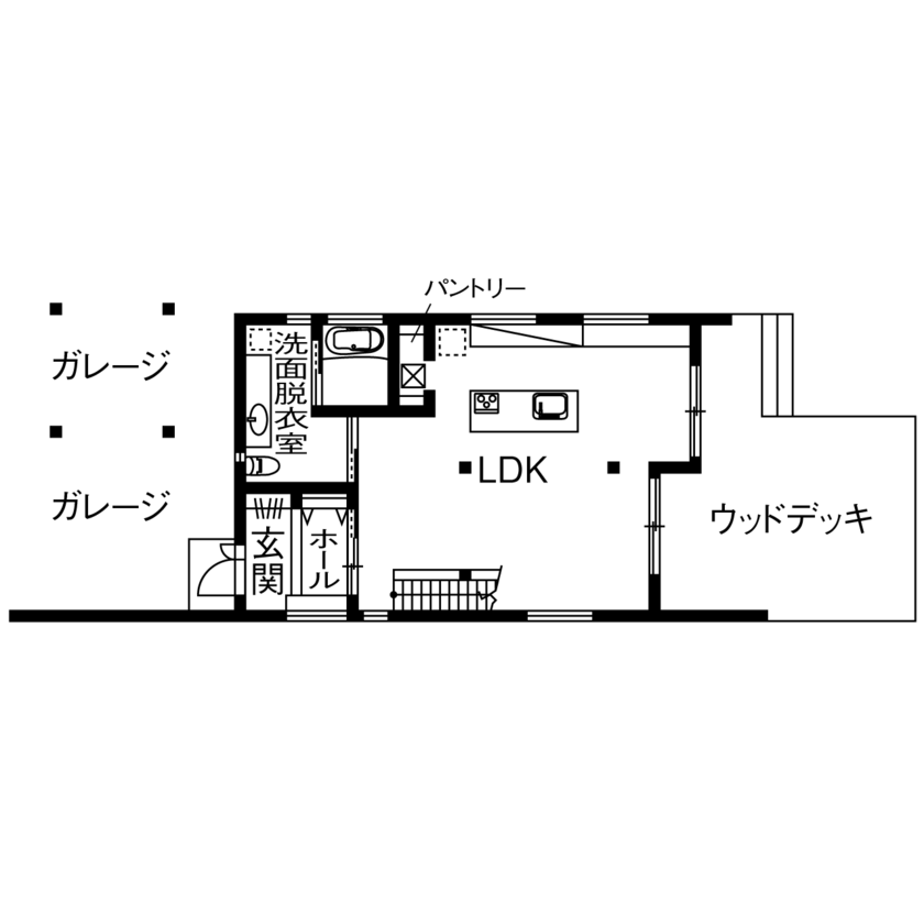 無垢スタイル建築設計 【3000万円台/40坪台/デッキ/間取図有】30畳＋14畳の開放感は圧巻！ラグジュアリーモダンな無垢の家の間取り図（2LDK）1階