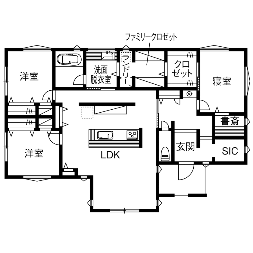 無垢スタイル建築設計 【2700万円／平屋／収納充実／間取図】家族とともに成長する美しい自然素材で満たされた平屋の間取り図（3LDK+書斎+ランドリー）1階