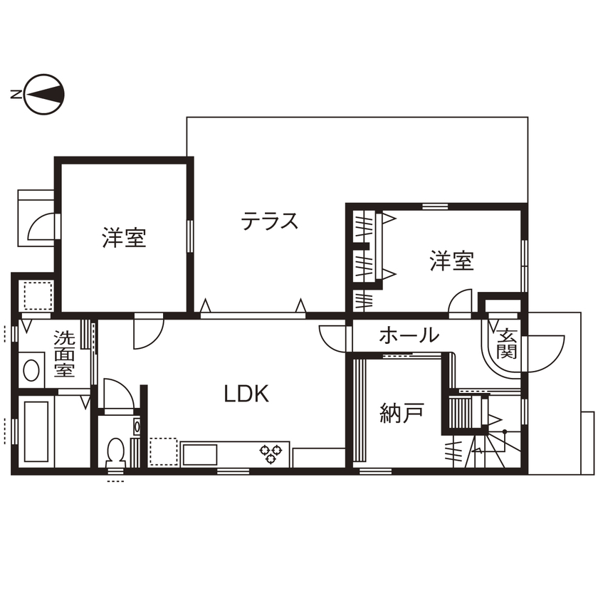 アップルヤードデザイン 【調布市/3000万円台/間取図有】ブルックリン×フレンチスタイル。テラスがつなぐコの字型の二世帯住宅の間取り図（5LLDDKK＋ロフト）1階
