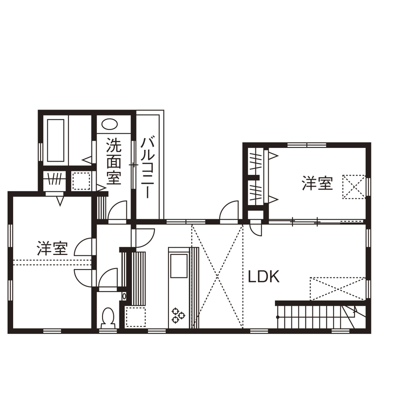 アップルヤードデザイン 【調布市/3000万円台/間取図有】ブルックリン×フレンチスタイル。テラスがつなぐコの字型の二世帯住宅の間取り図（5LLDDKK＋ロフト）2階