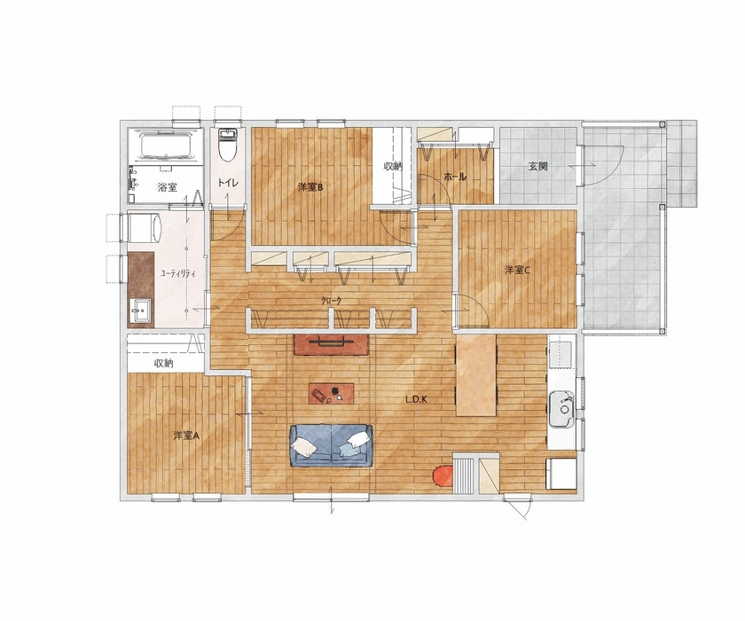 インターデコハウス新潟/エクセレントホーム 遊びにきた友人が「私らしい家だね」と褒めてくれる！ビビットカラーが際立つアメリカンスタイルの平屋の間取り図（3LDK）1階