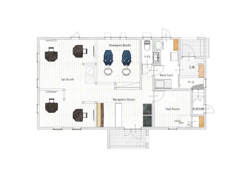 インターデコハウス新潟/エクセレントホーム 【3500～3999万円/44.8坪/店舗併用】造作のキッチンや洗面がこだわり、プロヴァンスの家の間取り図（3LDK）１階
