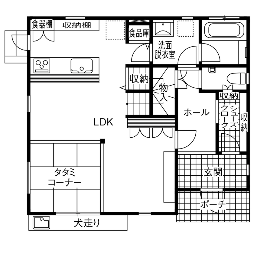 木の家専門店 たてみ 【1918万円｜間取り図有】“無垢の木づくし”の内装と、スタイリッシュな白い外観が美しく調和する家の間取り図（3LDK＋タタミコーナー）1階