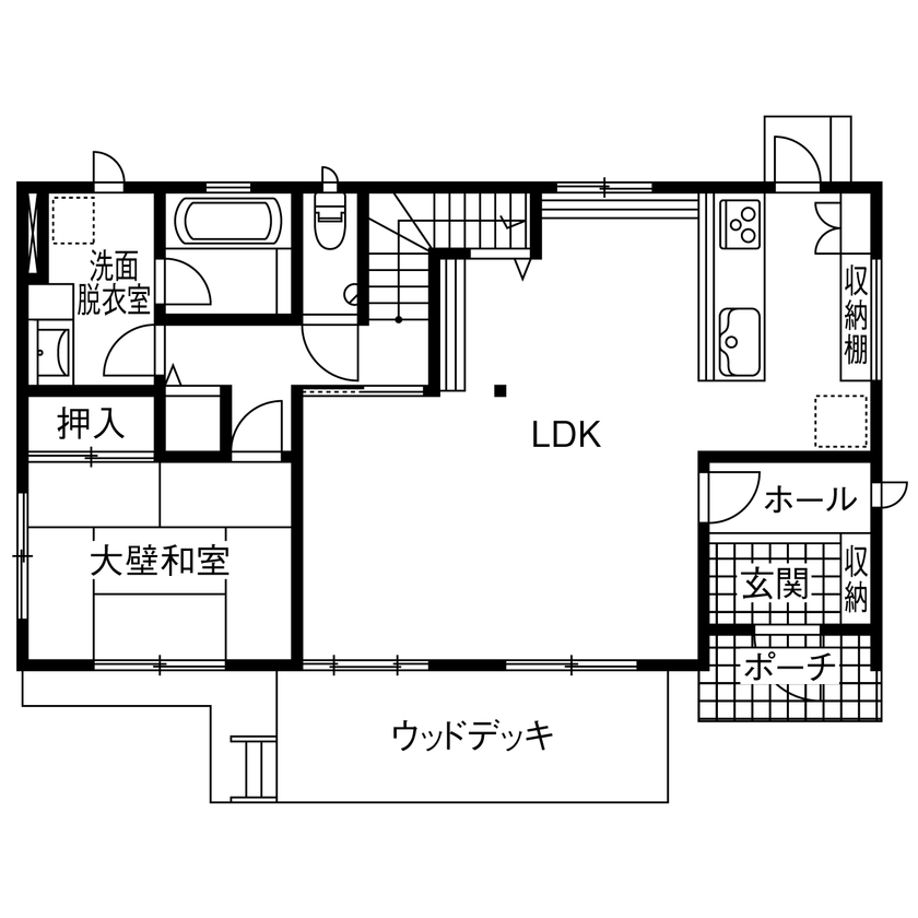 木の家専門店 たてみ 【2440万円｜間取り図有】広々LDKとデッキが繋がる開放的な無垢の家。嘘やごまかしがない明朗価格も魅力の間取り図（4LDK＋小屋裏収納）1階