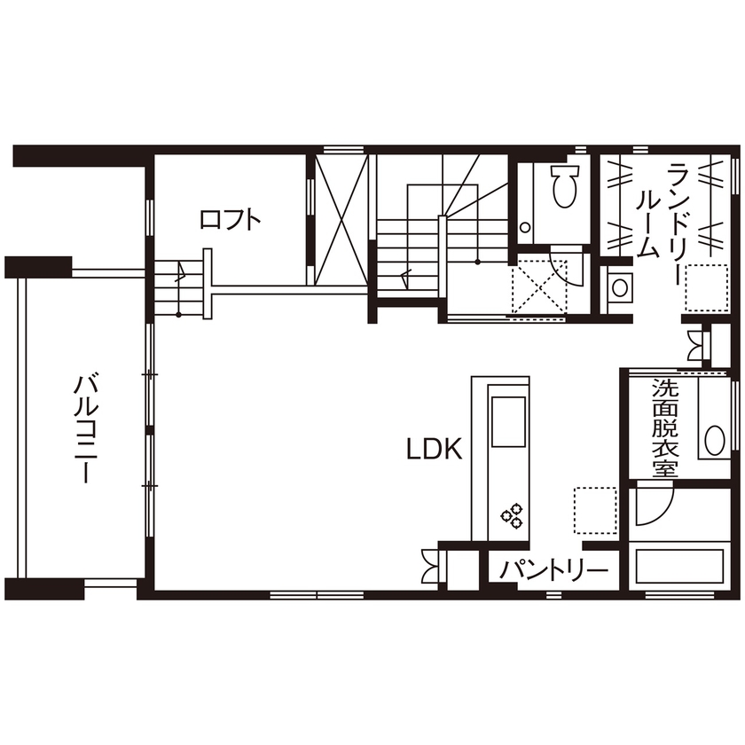 秋田建設工業 【四街道市/2700万円/40坪/間取】限られた敷地のなかで空間を縦に有効活用！ロフト付き2階リビングの住まいの間取り図（3LDK＋ロフト）2階