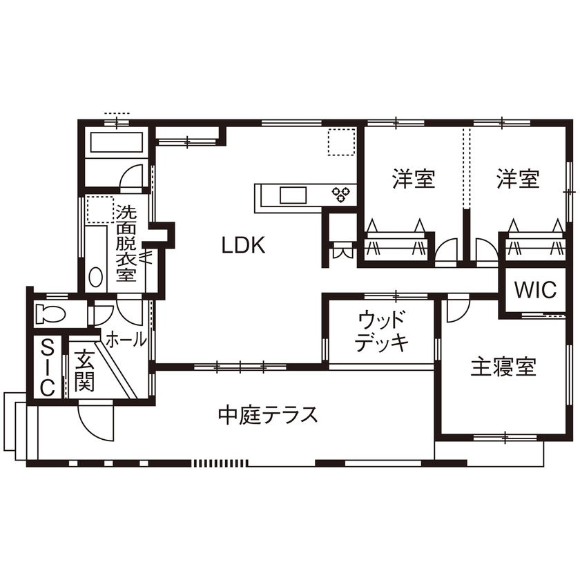 秋田建設工業 【四街道市/2000万円台/20坪台/間取り/全館空調】プライバシー性を高める中庭テラスがある平屋の住まいの間取り図（2LDK）1階