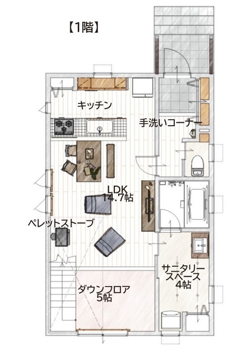ナチュリエ新潟/エクセレントホーム 素朴さと手作り感を大切にしたナチュラルでアンティークなあたたかい空間の間取り図（3LDK）1階