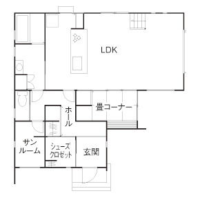 紀の国住宅 無垢フローリングの床にアイアンフレームのリビング階段、木のデザインが優しいLDKの間取り図（4LDK）1階