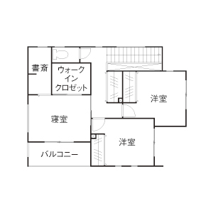 紀の国住宅 無垢フローリングの床にアイアンフレームのリビング階段、木のデザインが優しいLDKの間取り図（4LDK）2階