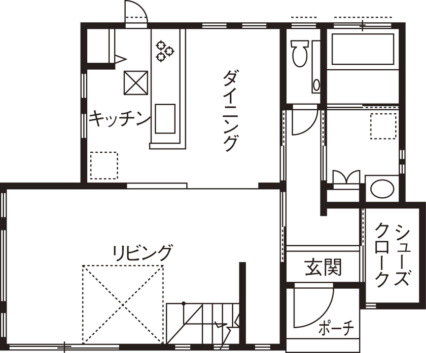 紀の国住宅 床や壁の柄、建具のデザインで個性を追求したカジュアルな家の間取り図（3LDK）1階