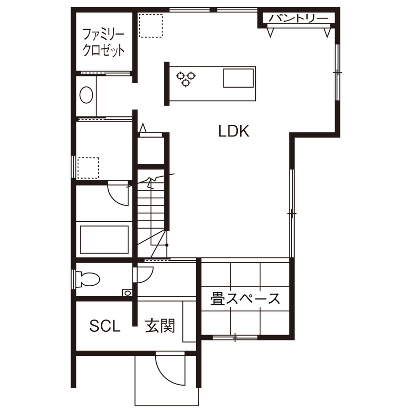 紀の国住宅 【和歌山/間取り図有】アクセントクロス使いが秀逸。黒いキッチンが映える開放的な住まいの間取り図（3LDK）1階