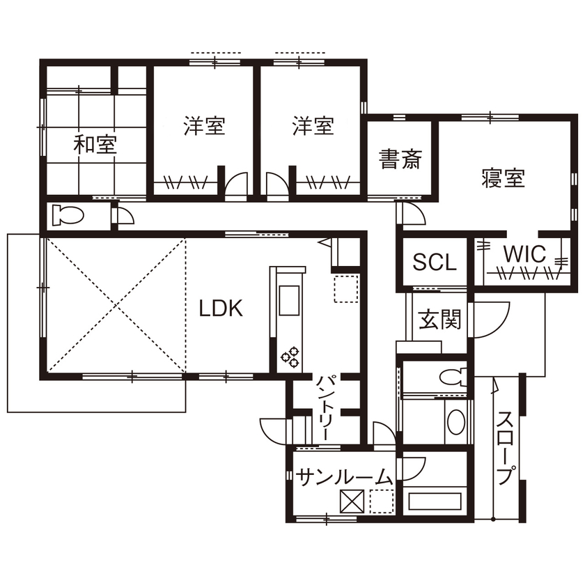 紀の国住宅 【和歌山県/間取り有】今を大切にしながら将来も見据えて。お気に入りのインテリアが素敵に映える平屋の家の間取り図（4LDK）1階