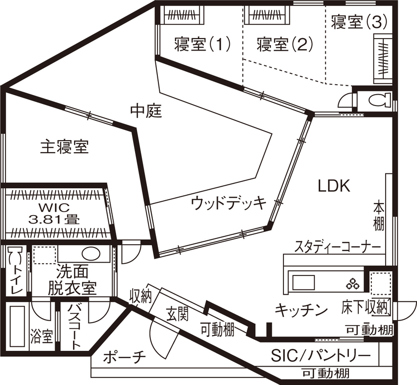 ＳＵＤＯホーム　須藤建設 【2000万円台/中庭/平屋】風の流れを回遊させるブーメラン形状の建物でプライバシーと開放感を両立の間取り図（1LDK）1階