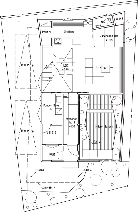 ＳＵＤＯホーム　須藤建設 【3000万円台/中庭/アウトドアリビング】細長い敷地を活かした心地よい『間』のスペースが暮らしを豊かにの間取り図（2LDK）1階