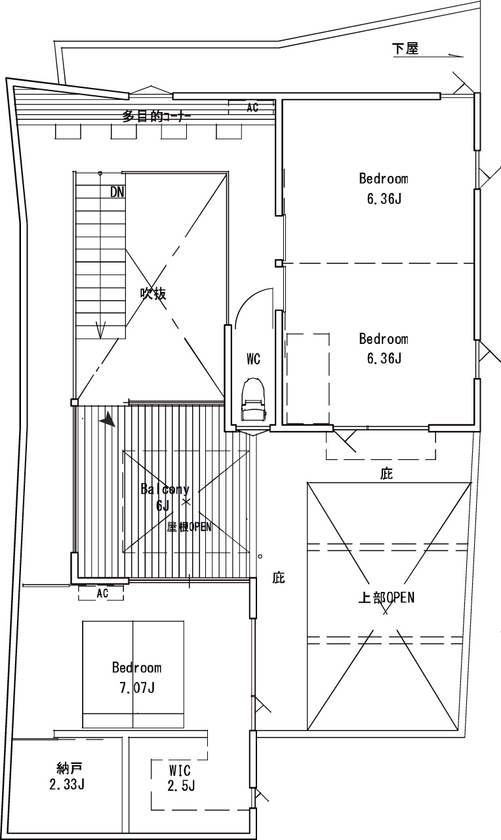ＳＵＤＯホーム　須藤建設 【3000万円台/中庭/アウトドアリビング】細長い敷地を活かした心地よい『間』のスペースが暮らしを豊かにの間取り図（2LDK）2階