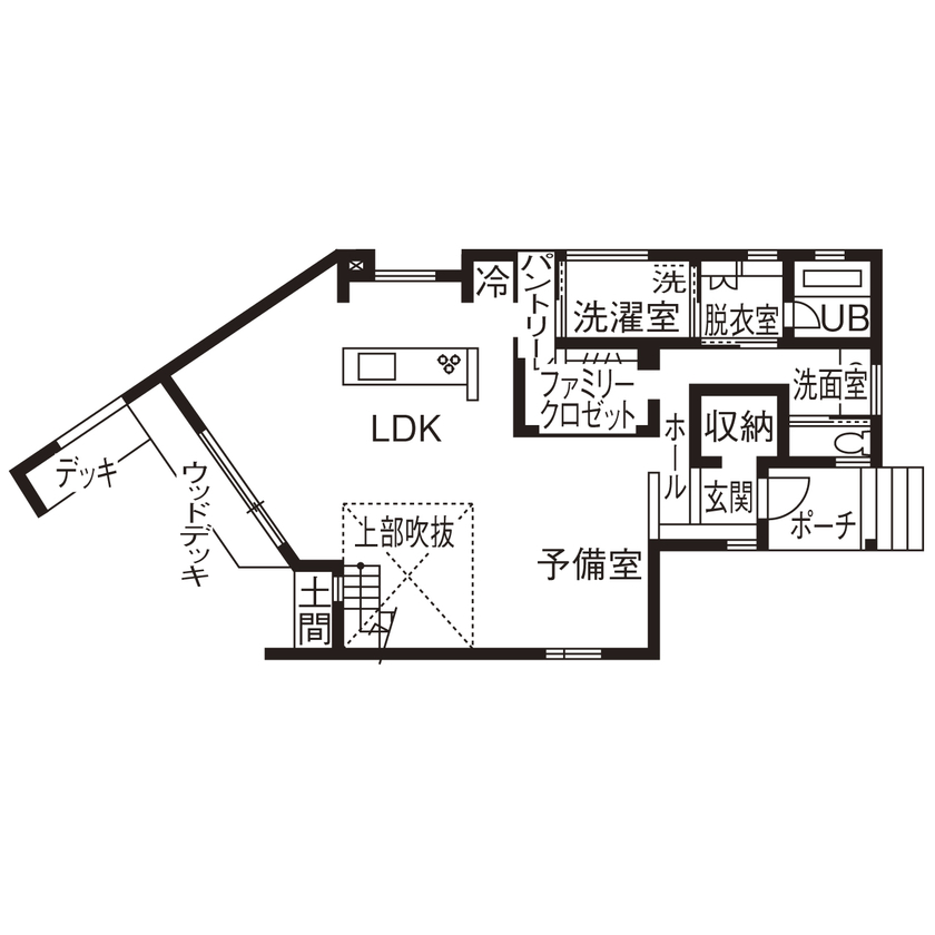 ＳＵＤＯホーム　須藤建設 【2000万円台前半｜41.6坪｜変形地】敷地の形を生かした斜めのLDKでのびやかな空間に ※間取り有※の間取り図（2LDK+S）1階