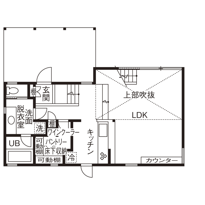 ＳＵＤＯホーム　須藤建設 【2000万円台前半｜32.9坪｜スキップフロア】敷地の高低差を生かした、メリハリのある大空間 ※間取り有※の間取り図（3LDK）1階