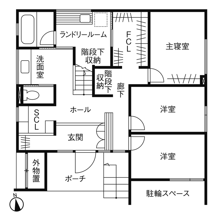 ＳＵＤＯホーム　須藤建設 【2000万円台後半｜43.8坪｜2階リビング】広い空と、家族の時間を愉しむLDK。自然素材も魅力（間取図あり）の間取り図（3LDK）１階