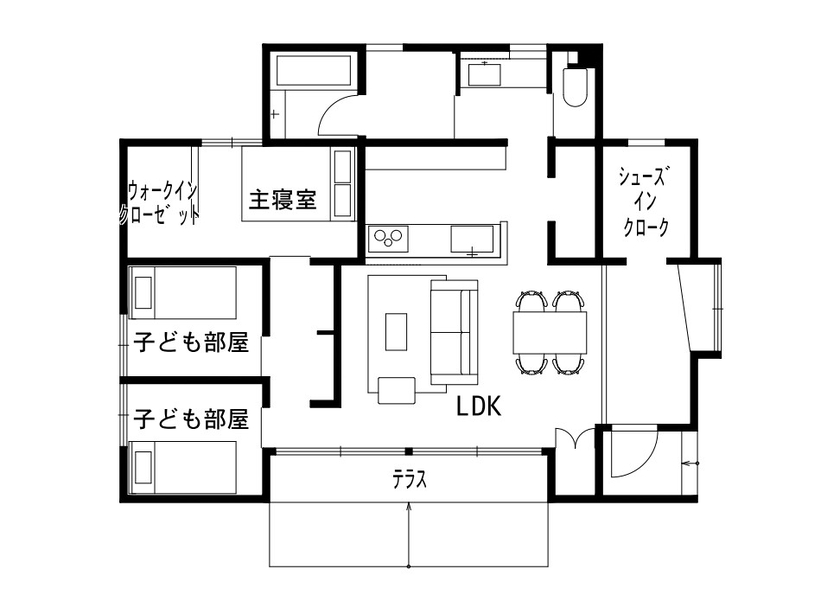 カスケの家　（カスケホーム） 【2500万円台】アウトドア好きのご夫婦が建てた、土間のある平屋の間取り図（3LDK）1階