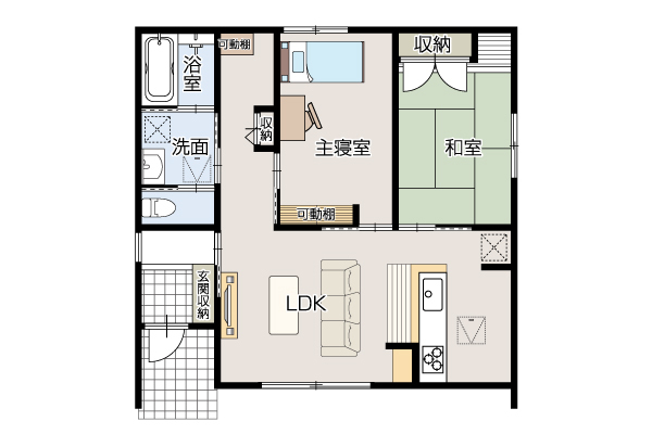 カスケの家　（カスケホーム） 【2,380万円/20坪/間取り図】趣味を楽しみながらシンプルに暮らす、リビングアクセス動線の平屋の間取り図（2LDK）1階