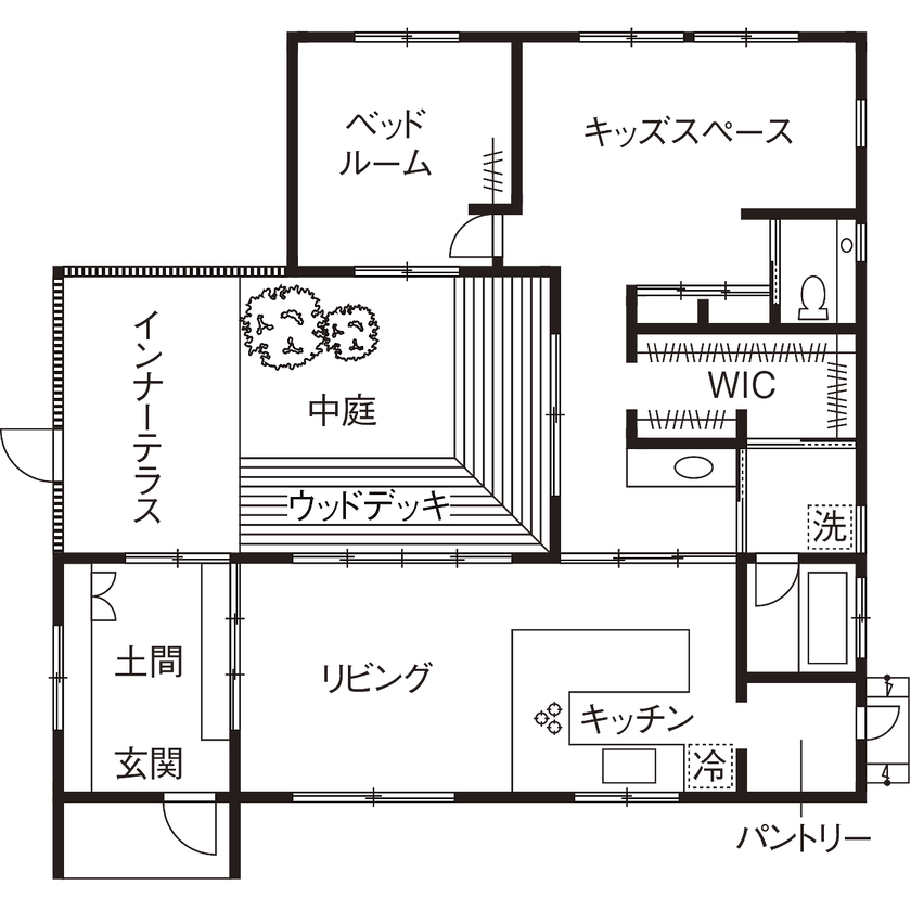 ソラマド埼玉 【平屋／中庭／土間／間取り有】LDKも水回りも、収納まで光と風が行き渡る。中庭とインナーテラスのある家の間取り図（2LDK）1階