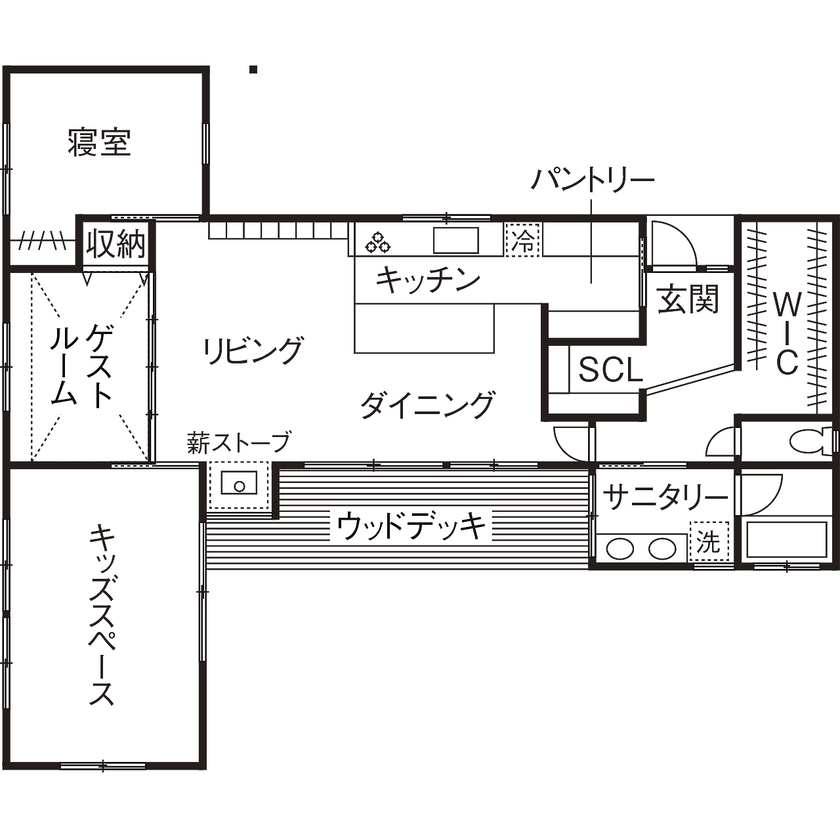 ソラマド埼玉 【2000万円台／平屋／30坪台／薪ストーブ／間取り有】拘りを実現した住まいでアメリカン&アウトドアを満喫の間取り図（2LDK）1階