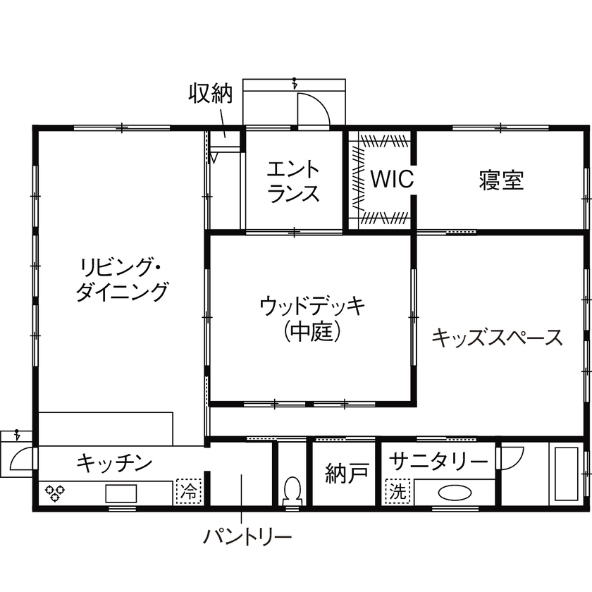 ソラマド埼玉 【平屋／中庭／間取り有】自由設計だから叶った美しい外観とロの字型プランは、セルフプロデュースで実現の間取り図（2LDK）1階
