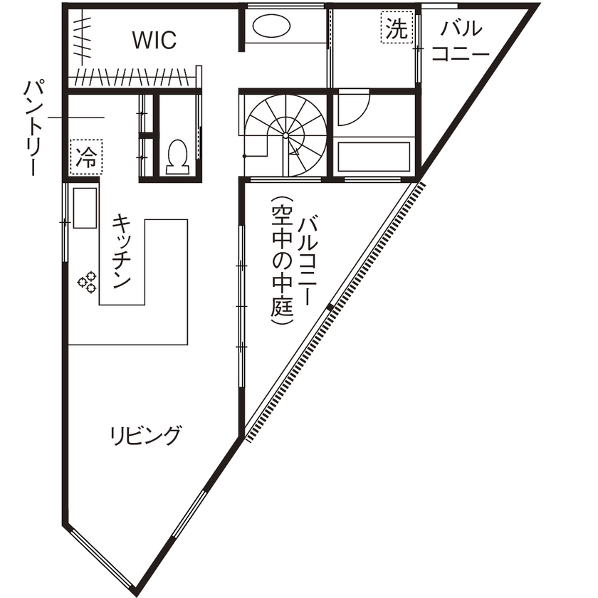 ソラマド埼玉 【 30坪台／中庭／土間／間取り有】三角形の変形地を強みに活用。外の視線を遮りながら開放的に暮らせる家の間取り図（1LDK）2階