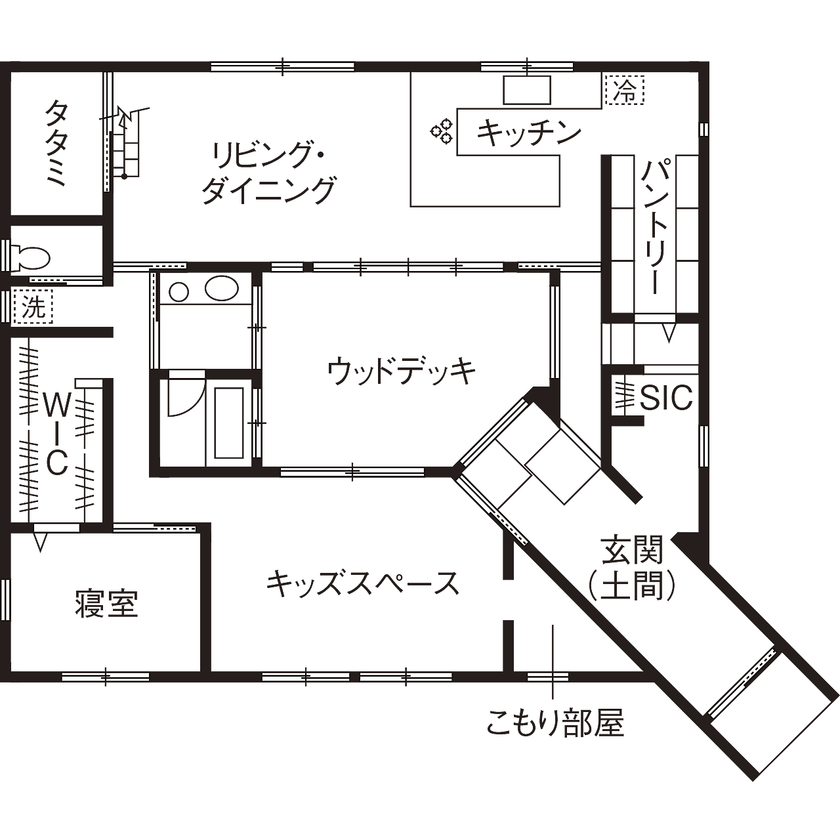 ソラマド埼玉 【平屋／中庭／土間／間取り有】ブリッジやボルダリングなどの遊び心をプラス。楽しいQの字型の住まいの間取り図（2LDK）1階