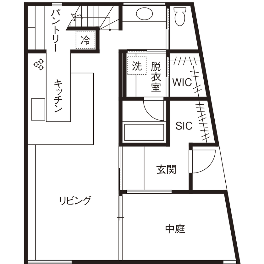 ソラマド埼玉 【中庭／吹き抜け／間取り有】周囲からの視線を遮りつつ開放感をもたらす、住宅地にこそ最適な中庭のある家の間取り図（1LDK）1階