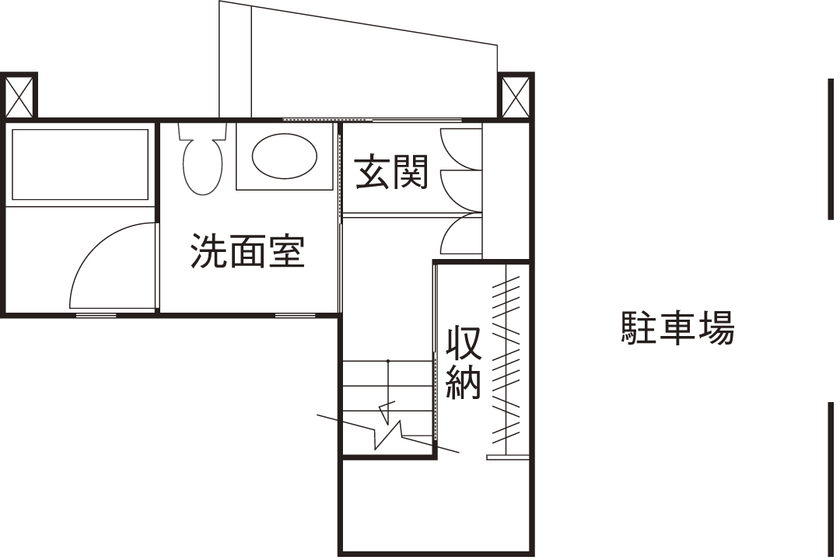 １０１０ｈｏｕｓｅ（安藤工務店） 【リビング階段/1860万円/24坪/間取り有】住宅密集地に光を取り込む、らせん階段を取り入れた開放的な空間の間取り図（2LDK）1階
