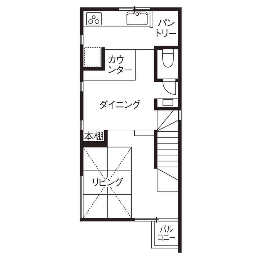 １０１０ｈｏｕｓｅ（安藤工務店） 【2068万円/28坪/間取り図有/吹き抜け】スキップフロアを巧みに使い、希望を全て形に。旗竿地建つ狭小住宅の間取り図（4LDK＋屋上）2階