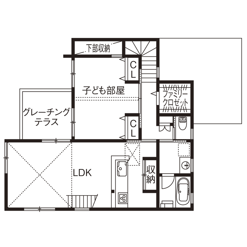 １０１０ｈｏｕｓｅ（安藤工務店） 【2855万円/43坪/間取り有】付かず離れずの距離感が心地いい。お互いの生活を尊重した完全分離二世帯住宅の間取り図（4LLDDKK＋ロフト）2階