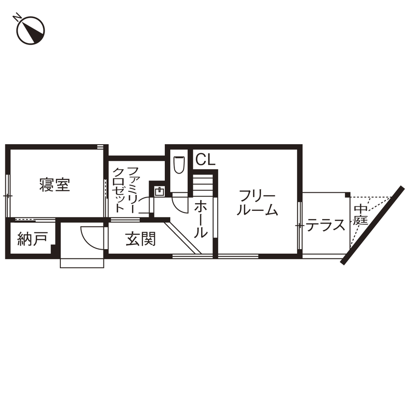 １０１０ｈｏｕｓｅ（安藤工務店） 【1880万円/25坪/間取図有/中庭】変形地や狭小地も特性を活かし、中庭やテラスを実現。光と風を纏う家の間取り図（2LDK+納戸）1階